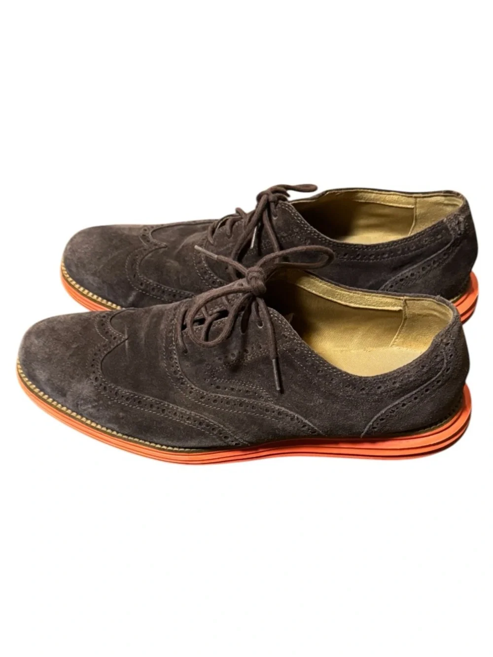 Cole Haan Brown Suede Wingtip Oxfords with Orange Contrast Sole Mens Size 11M